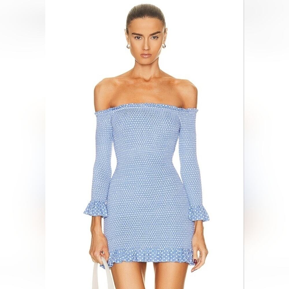 Caroline Constas Tilly Dress Blue White Mini Polka Dot Small Off the Shoulder